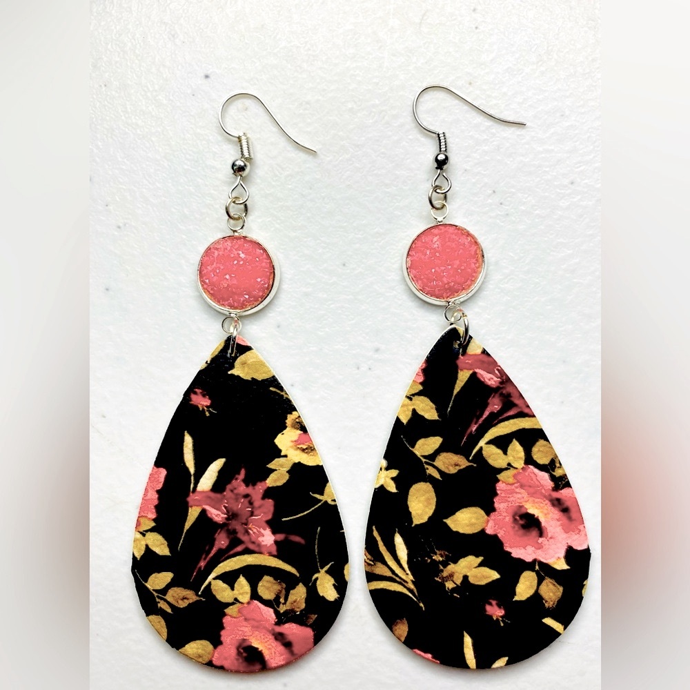 Handmade Teardrop Dangle Earrings paired with Drusy Stone Accents